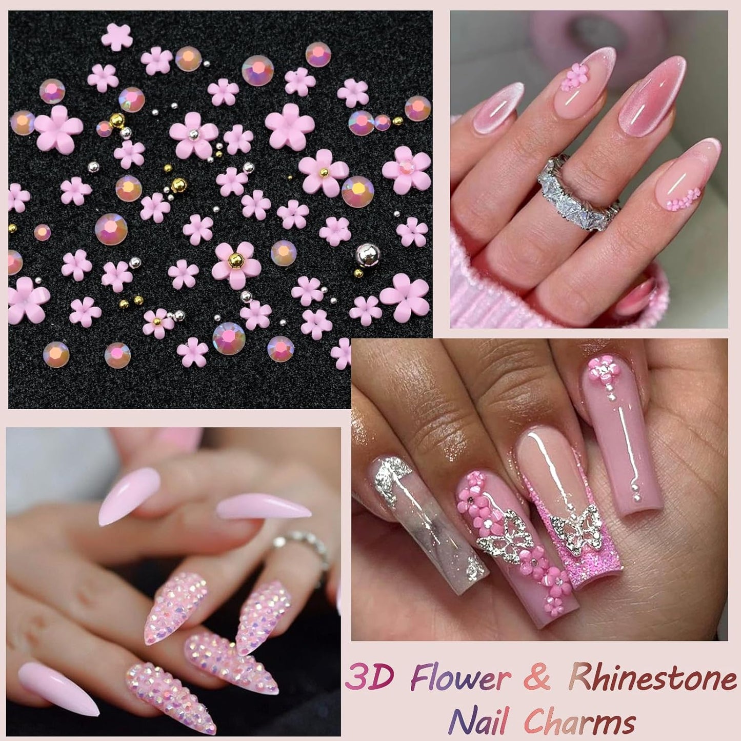 Flatback Nail Art Rhinestones Flower Nail Charms with AB Rhinestones Glue Gel Pink Nail Supplies Accessories Gems Resin Rhinestones for Bedazzling Crafting & Women Nails Design Decor-Velvo Beauty