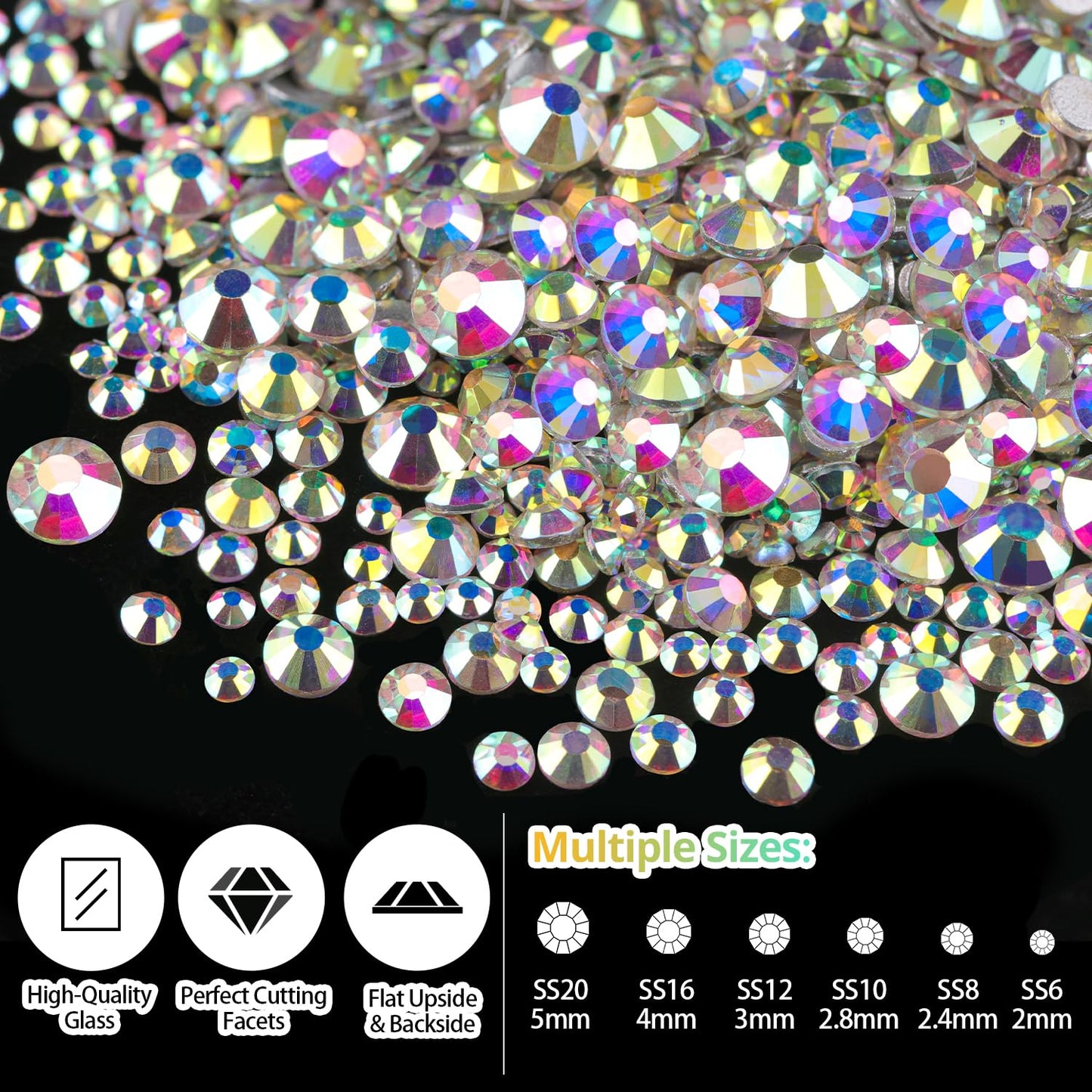Rhinestones for Nails, Manicure Gem, Flatback Glass Crystal AB + Transparent Clear Gemstones and Colorful Resin Beads, 2-5mm Round Gems for Professional Salon DIY Nail Art with Pickup & Dotting Tools-Velvo Beauty