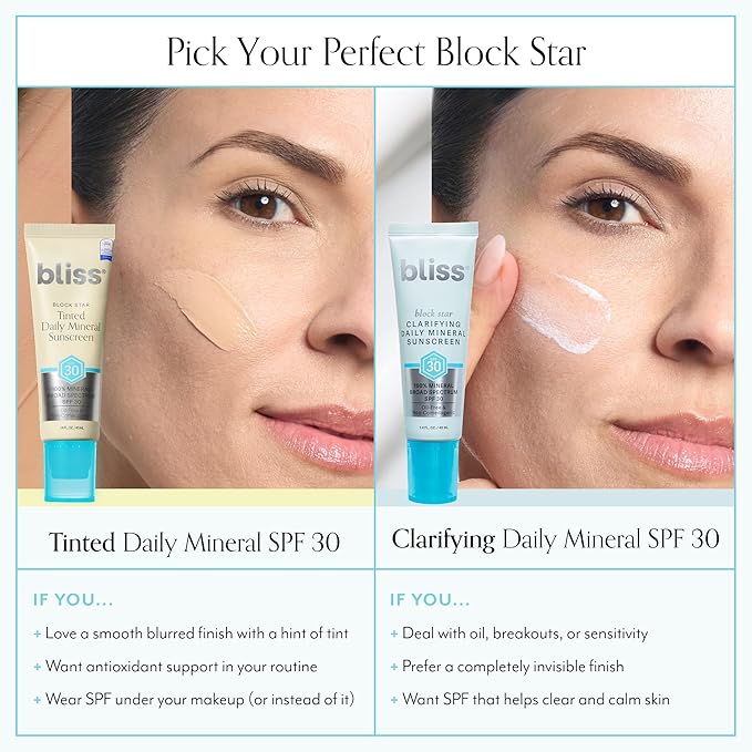 Bliss Block Star SPF 30 Daily Tinted Mineral Sunscreen with Zinc Oxide - All Skin Tones - 100% Mineral Broad Spectrum Sunscreen with Titanium Dioxide & Antioxidant Blend- 1.4 fl oz.-Velvo Beauty