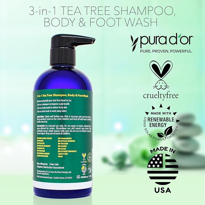 PURA D'OR 3-in-1 Tea Tree Shampoo, Body & Foot Wash, Shampoo (16oz x3 = 48oz) Total Body Care - Foot Odor & Daily Hygiene, Cleansing Routine, Post-Workout Refreshment - Soothes, Invigorates, Nourishes-Velvo Beauty
