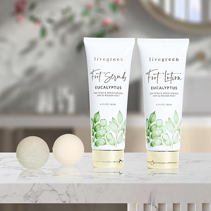 Live Green Foot Care Collection in Eucalyptus, Foot Spa Set with Sherpa Slippers, Foot Lotion (60ml), Foot Scrub (60ml) and 2 Bath Bombs (80 grams each)-Velvo Beauty