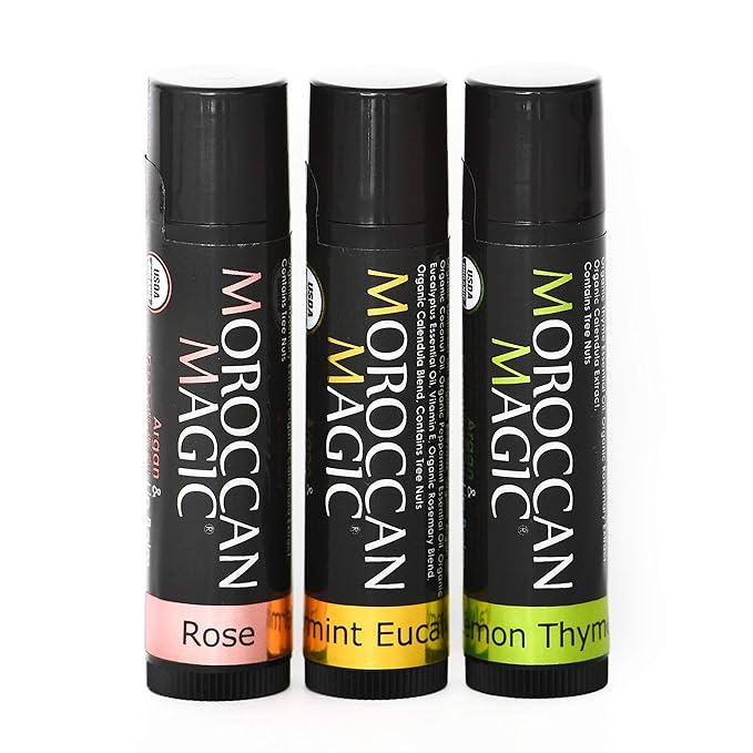 Moroccan Magic Organic Lip Balm Variety Pack Gift Set | Natural Argan and Essential Oils | Quality Smooth Application | Non-Toxic Cruelty Free | Rose, Peppermint Eucalyptus, Lemon Thyme | 3 Pack-Velvo Beauty