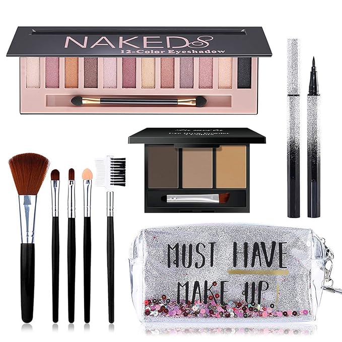 All in One Makeup Kit, Includes 12 Colors Naked Eyeshadow Palette, 5Pcs Makeup Brushes, Waterproof Eyeliner Pencils, Eyebrow Powder and Quicksand Cosmetic Bag, Gift Set for Women, Girls & Teens-Velvo Beauty