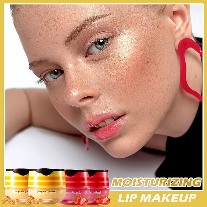 CAHIUYOA 4PCS Bee Lip Balm Honey Pot Honey & Strawberry Lip Balm Lip Mask Moisturizing Hydrating Honey Pot Lip Balm with Stick Prevention Dry & Cracked Lip Scrubs Exfoliator-Velvo Beauty