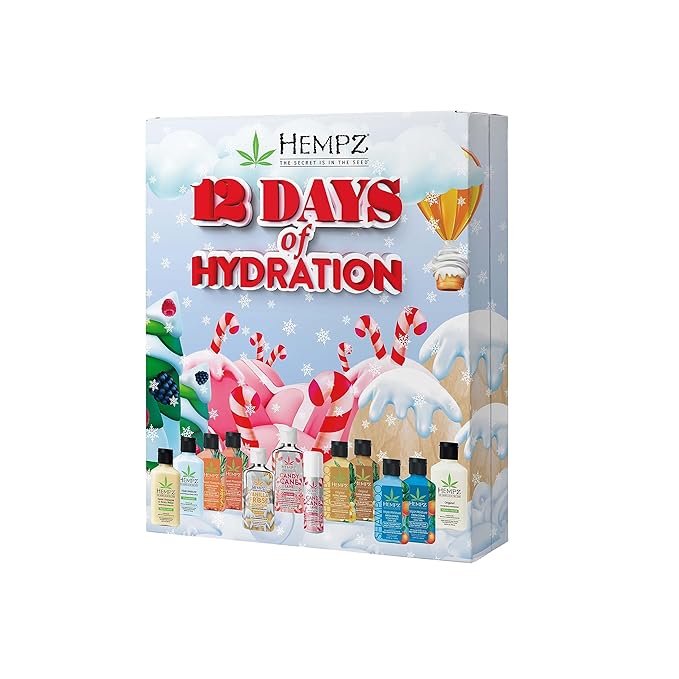 Hempz Twelve Days of Hydration Skin Care Gift Set (12-pack) - Candy Cane Moisturizer & Lip Balm, Vanilla Moisturizer, Pineapple & Melon, Original, & Triple Moisture Shampoo, Conditioner & Moisturizer-Velvo Beauty