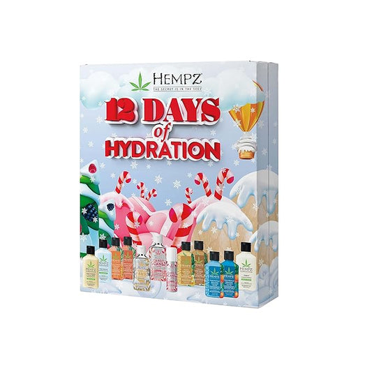 Hempz Twelve Days of Hydration Skin Care Gift Set (12-pack) - Candy Cane Moisturizer & Lip Balm, Vanilla Moisturizer, Pineapple & Melon, Original, & Triple Moisture Shampoo, Conditioner & Moisturizer-Velvo Beauty