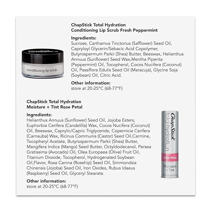 ChapStick Total Hydration Tinted Lip Balm Tubes and Lip Scrub Regimen Pack, Tinted Lip Moisturizer and Exfoliator - 0.12 Oz Lip Balm (4 Count) and 0.27 Oz Lip Scrub-Velvo Beauty