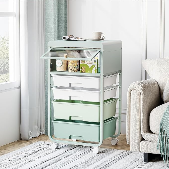 Utility-Rolling-Storage-Drawer-Craft-Cart-Organizers with 4 Drawers & Dust-proof Door for Kid Craft Art Room,Bedroom,Home Office, 4 Tiers Drawer cart, Green-Velvo Beauty
