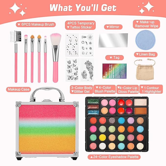 Anpro All-In-One Makeup Carry Case with Pro Teen Makeup Set, Full Starter Cosmetics Kit with Makeup Brushes, Eye Shadows Palette, Blushes, Glitter Gel, Temporary Tattoo Stickers-Velvo Beauty