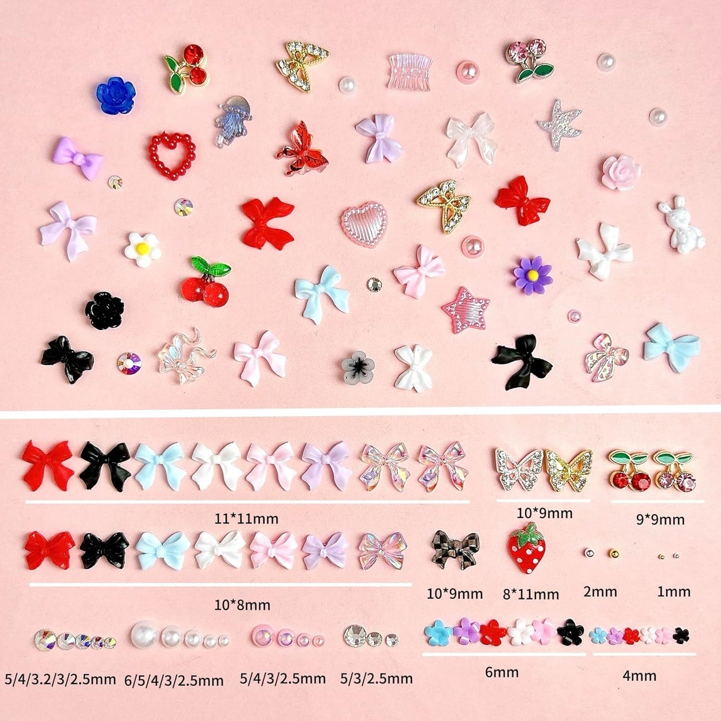 3D Flowers Nail Charms Y2K Kit, Metal Butterfly Cherry Colorful Bow Charms for Nails Art Gems, White and Pink Bows Pearls Charms for Nail Manicure DIY Crafts Jewelry Accessories-Velvo Beauty