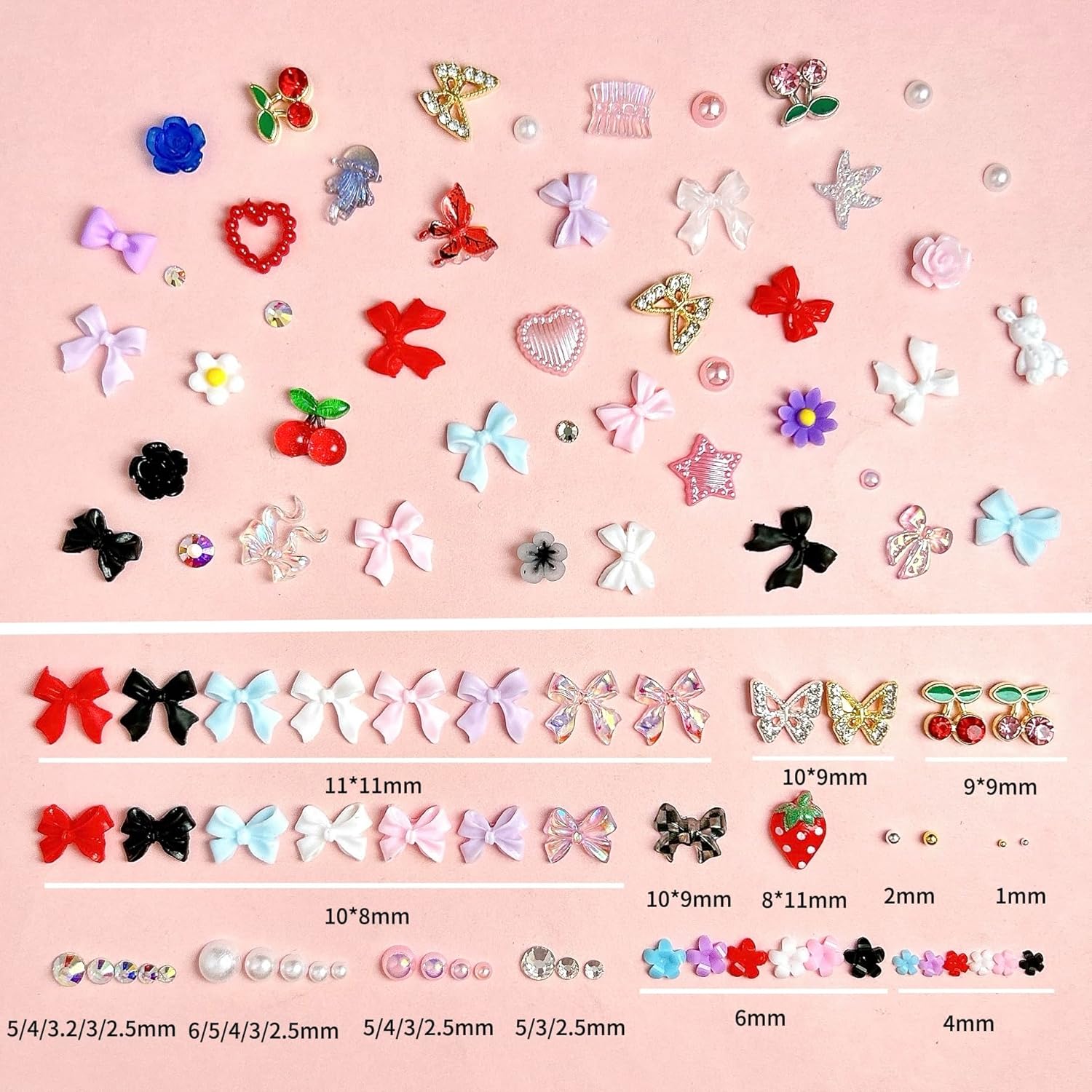 3D Flowers Nail Charms Y2K Kit, Metal Butterfly Cherry Colorful Bow Charms for Nails Art Gems, White and Pink Bows Pearls Charms for Nail Manicure DIY Crafts Jewelry Accessories-Velvo Beauty
