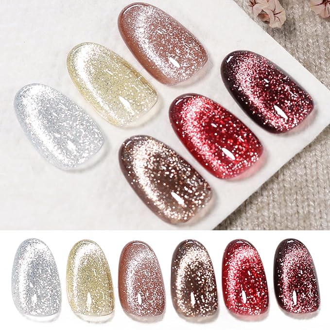Born Pretty Cat Magnetic Eye Gel Nail Polish Reflective Glitter Gel Polish Red Silver Champagne Gold Glitter Gel Nail Polish 6PCS Set-Velvo Beauty