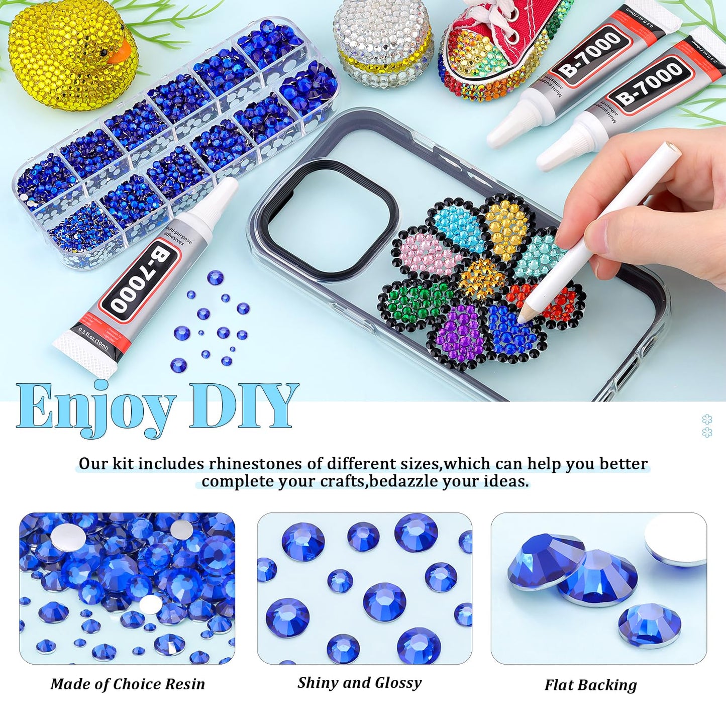 6000Pcs Resin Rhinestones for Bedazzling with 3Pcs B7000 Jewelry Glue, 1 Box Royal Blue Flatback Rhinestones for Crafting Crafts DIY, Crystals Gems for Clothing Shoes Tumblers Nail Art Makeup-Velvo Beauty