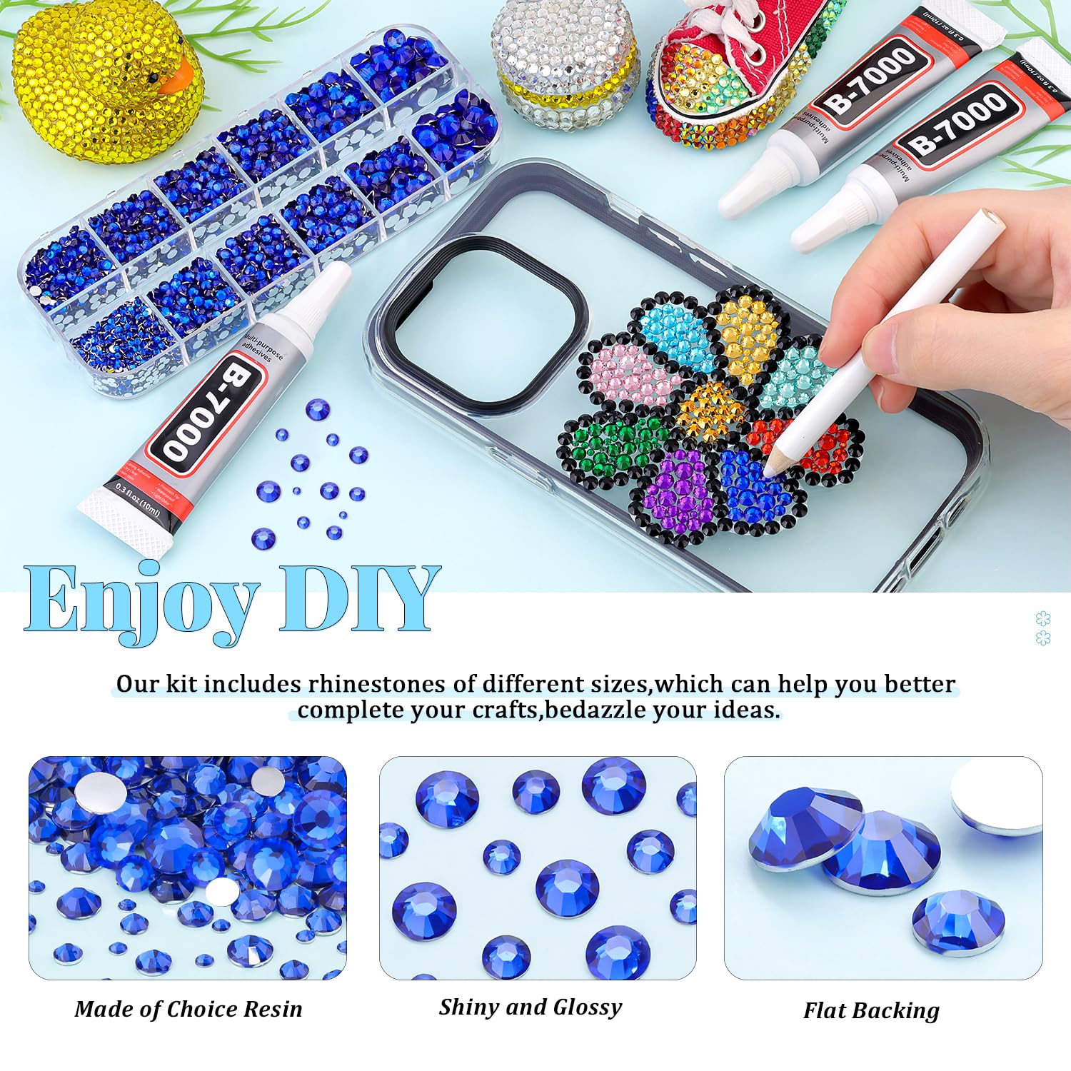 6000Pcs Resin Rhinestones for Bedazzling with 3Pcs B7000 Jewelry Glue, 1 Box Royal Blue Flatback Rhinestones for Crafting Crafts DIY, Crystals Gems for Clothing Shoes Tumblers Nail Art Makeup-Velvo Beauty