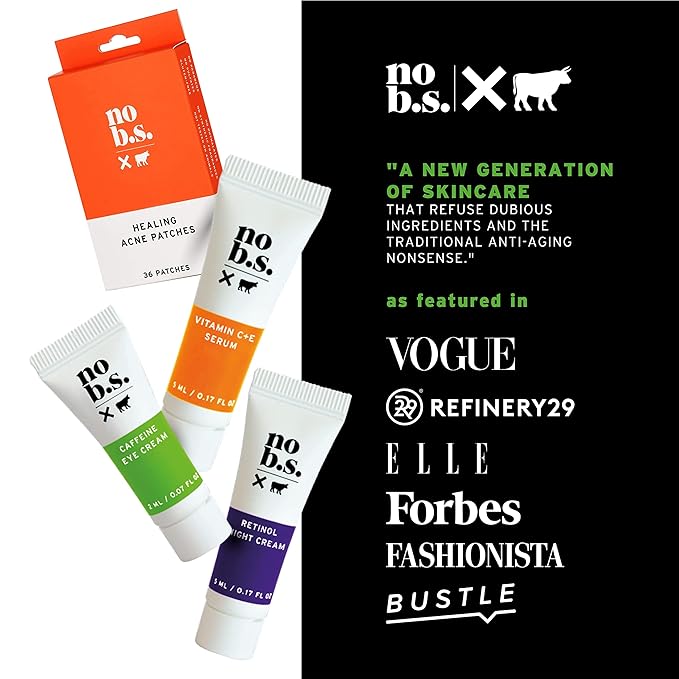 No B.S. (No Bad Stuff) Skincare Minis Kit, Vitamin C & E Serum with Hyaluronic Acid, Retinol Night Cream, Caffeine Eye Cream & Invisible, Waterproof Acne Patches, 4 Product Trial Size-Velvo Beauty