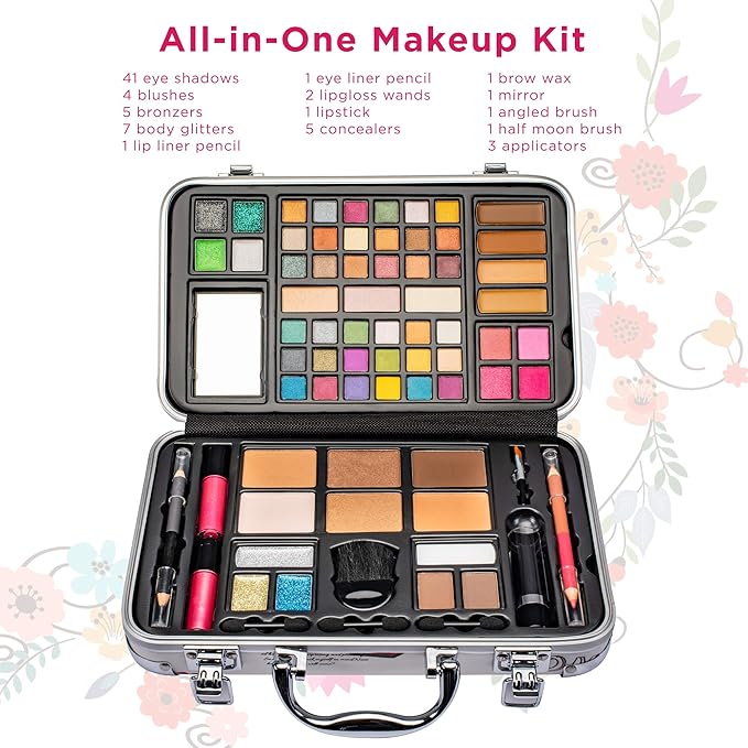 Makeup Kit Gift Set - 41 Eye Shadows, 7 Body Glitters, 1 Lip Liner Pencil, 1 Lipsticks, 4 Blushs, Eye liner pencil, 5 Concealers, 2 Lip Gloss, 5 Bronzers, Mirror-Velvo Beauty