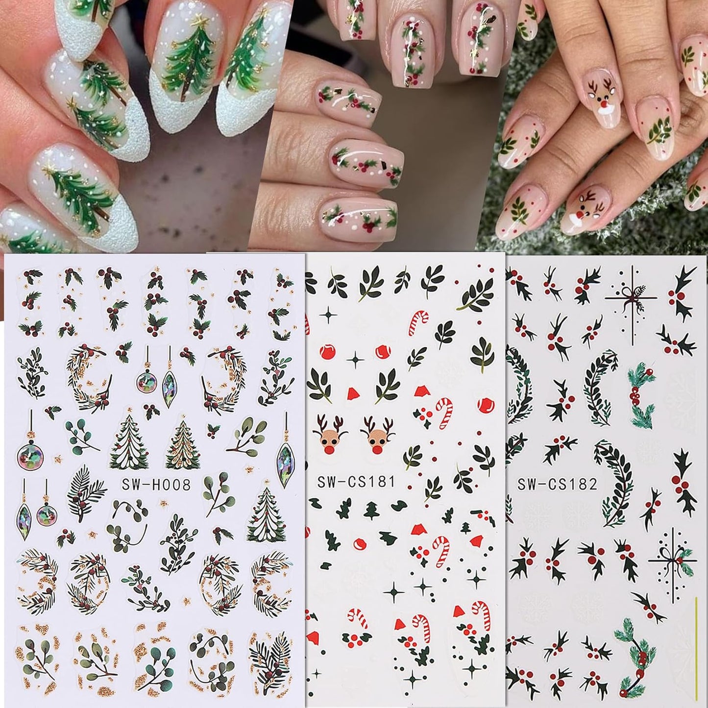 Glitter Christmas Nail Art Stickers 12 Sheets Sparkles Winter Nail Decals 3D Self Adhesive Nail Supplies DIY Santa Claus Gingerbread Man Snowflake Xmas Manicure Decoration DIY Supplies for Women Girl-Velvo Beauty