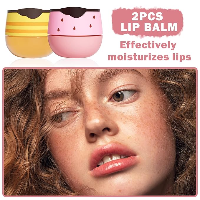 2PCS Bee Lip Balm Honey Pot,Honey Lip Balm With Honey Spoon,Honey Lip Mask Moisturizing Hydrating Prevents Dry and Chapped Lips,Lip Exfoliating Bee Lip Balm（Honey+Strawberry）-Velvo Beauty