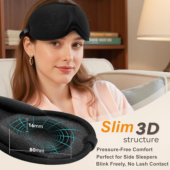 Slim 3D Sleep Mask for Side Sleepers, Blackout Sleeping Maskfor Men Women, Zero Eye Pressure, Ultra Soft Eye Masks for Sleeping, Perfect for Travel, Nap, Meditation, Airplane (Black)-Velvo Beauty
