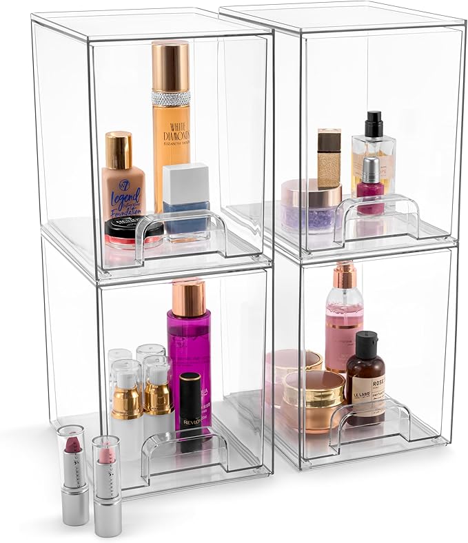 Sorbus Acrylic Storage Containers - 4 Pack, Stackable Storage Bins Set for Bathroom Organization - Clear Acrylic Drawer Organizers - Makeup Case Pull-Out Drawers (7.6’’ Tall)-Velvo Beauty