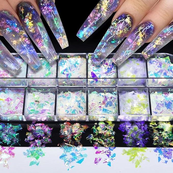 12 Colors Holographic Nail Art Glitter Sequins Aurora Holographic Mermaid Nail Glitter Flash Ice Residue Nail Glitter Sequin Chameleon Flakes Set Fluorescent Glass Paper for Face Body DIY Decoration-Velvo Beauty