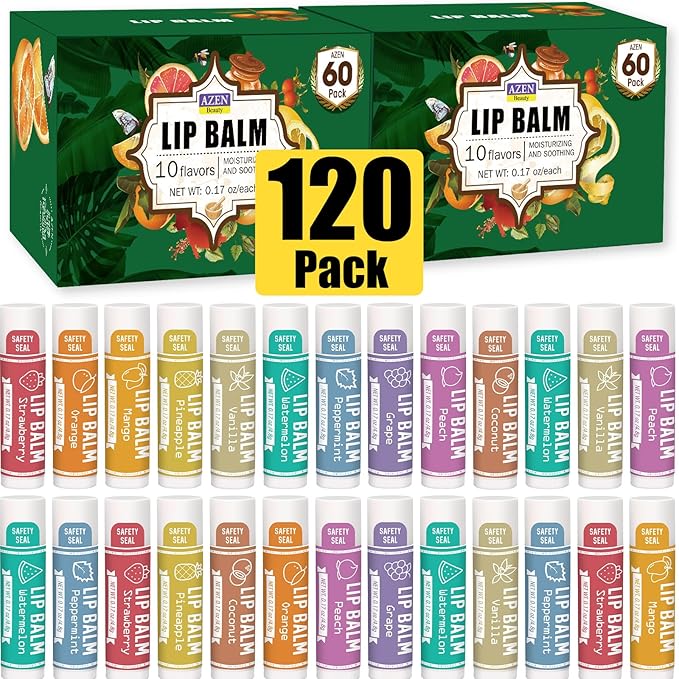 AZEN 120 Pack Lip Balm, Natural Lip Balm Bulk, Lip Care Product, Christmas Stocking Stuffers, Christmas Gifts for Women Girls - 10 Flavors-Velvo Beauty