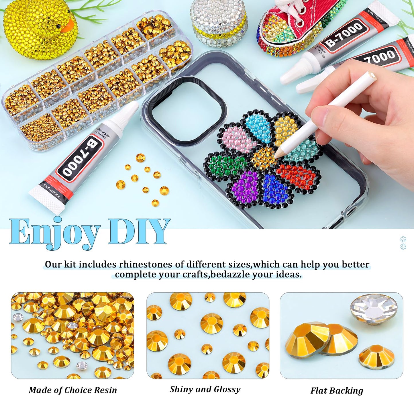 6000Pcs Resin Rhinestones for Bedazzling with 3Pcs B7000 Jewelry Glue, 1 Box Mine Gold Flatback Rhinestones for Crafting Crafts DIY, Crystals Gems for Clothing Shoes Tumblers Nail Art Makeup-Velvo Beauty