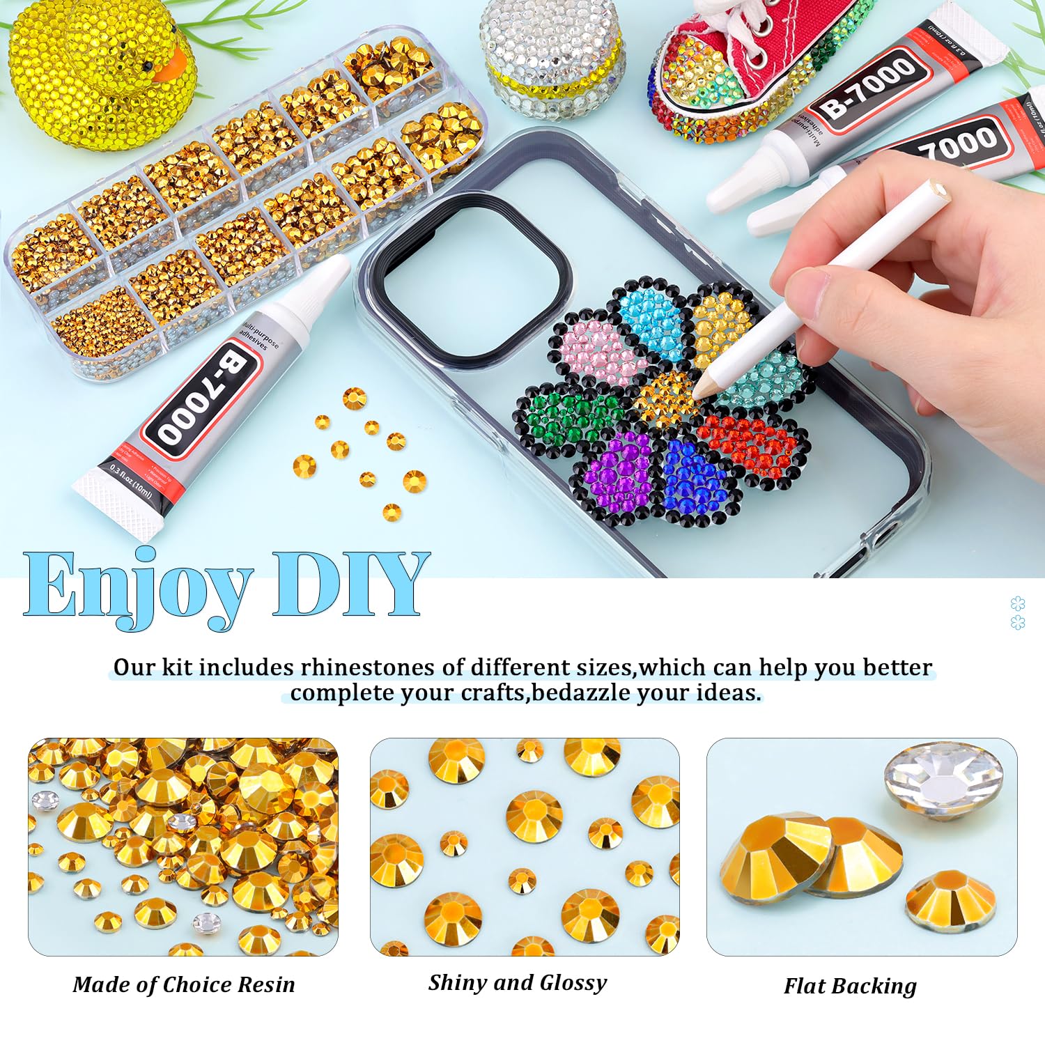 6000Pcs Resin Rhinestones for Bedazzling with 3Pcs B7000 Jewelry Glue, 1 Box Mine Gold Flatback Rhinestones for Crafting Crafts DIY, Crystals Gems for Clothing Shoes Tumblers Nail Art Makeup-Velvo Beauty