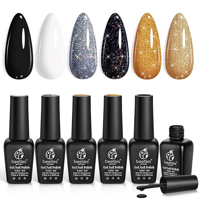 Beetles Shimmer Gel Nail Polish Set, 6 Colors Black White Polish Gel Silver Rose Gold Glitter Fall Nail Polish Soak Off Uv Lamp Nail Art Manicure Salon Gifts for Her Women-Velvo Beauty