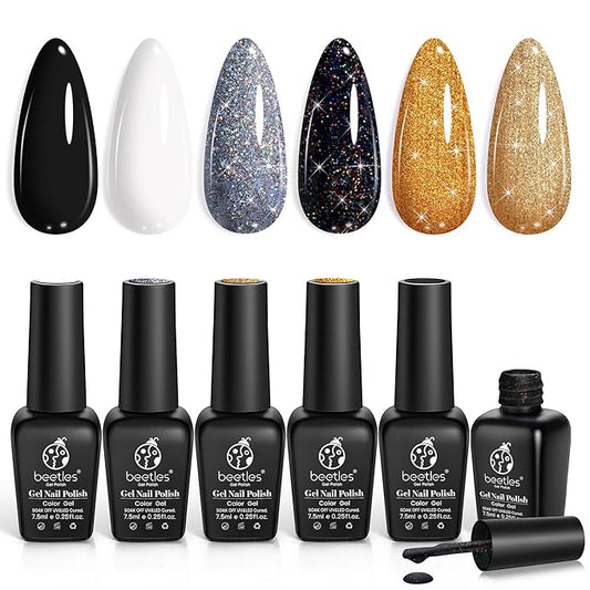 Beetles Shimmer Gel Nail Polish Set, 6 Colors Black White Polish Gel Silver Rose Gold Glitter Fall Nail Polish Soak Off Uv Lamp Nail Art Manicure Salon Gifts for Her Women-Velvo Beauty