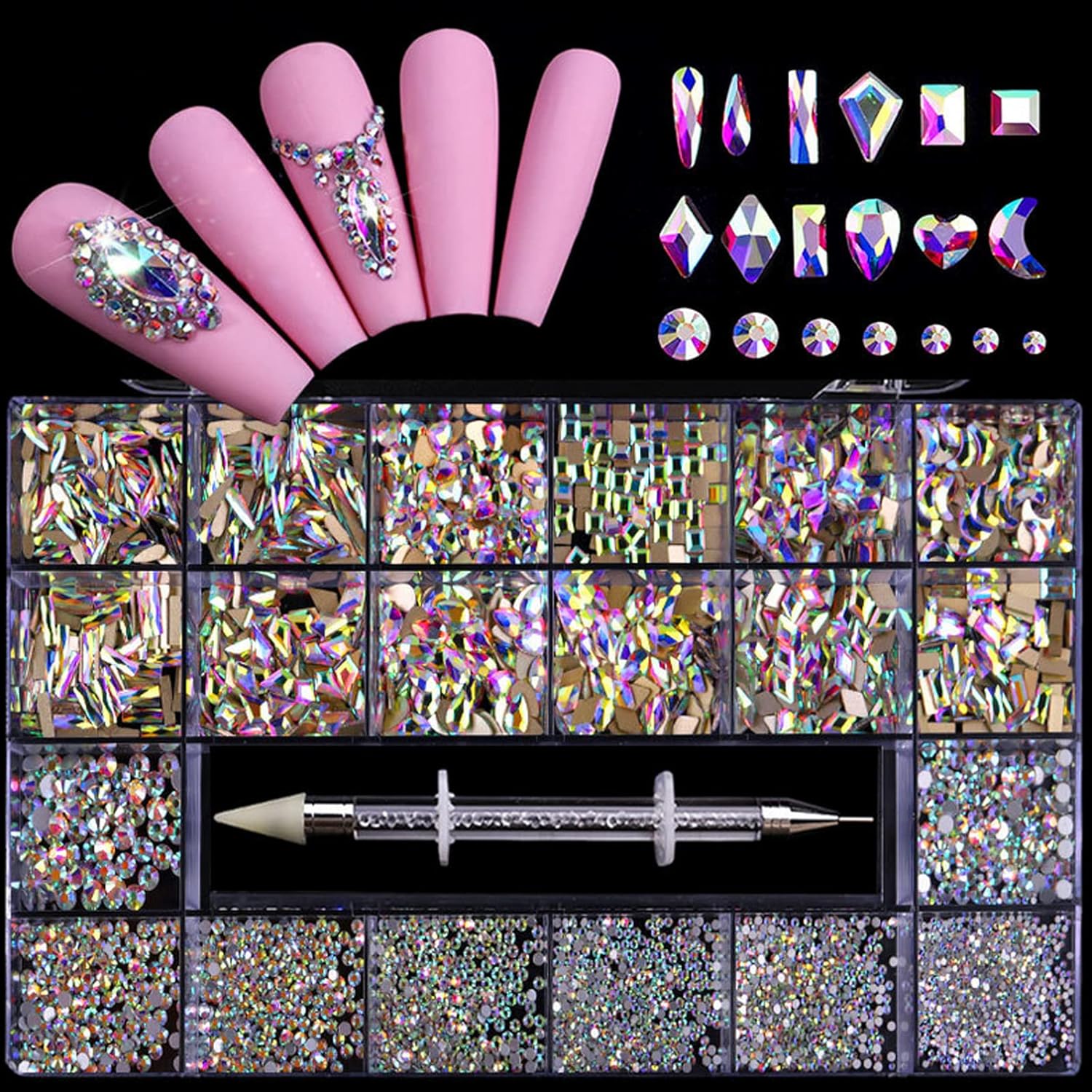 Nail Rhinestones Kit, Nail Art Decorations Flat AB Rhinestones Kit DIY Crafts Gemstones for Nail, Shoes, Clothes, Jewels (600 Iridescent Diamonds + 2500 Flat Rhinestone)-Velvo Beauty