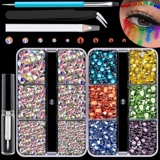 Colorful Face Gems for Makeup Set, Flatback Gorgeous AB Gems+Mixed-Colored Chameleon Crystals with Makeup Glue+Picker Pencil+Tweezer+Dual-End Dotting Tool for Eye Body Hair Make-up and Nail Art Deco-Velvo Beauty