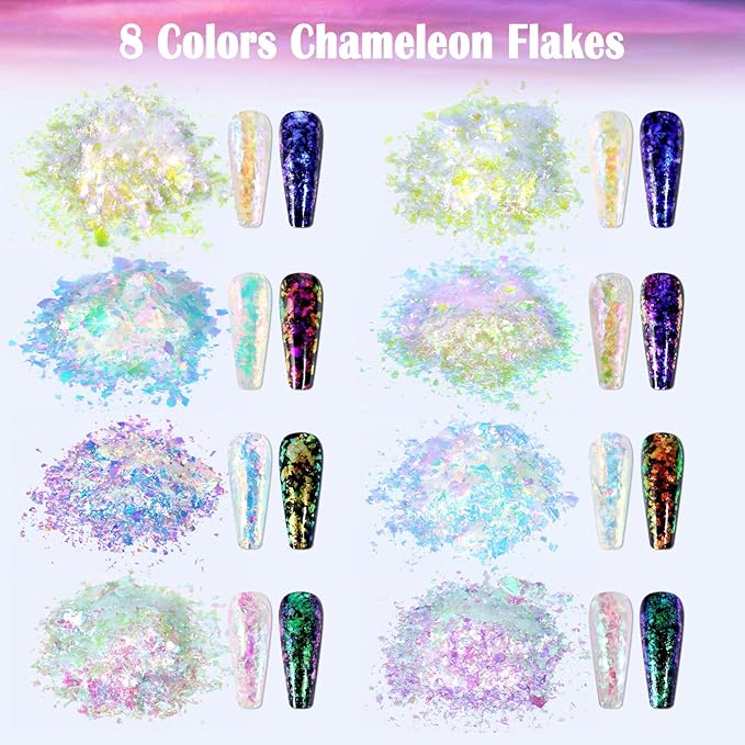 Laza Chameleon Flakes, 8 Colors Nail Confetti Powder, Irregular Colorshift Pigment Powder for Nails Art Supplies, Epoxy Resin Tumbler, Slime, Crafts Decoration - Glass Starry Night-Velvo Beauty