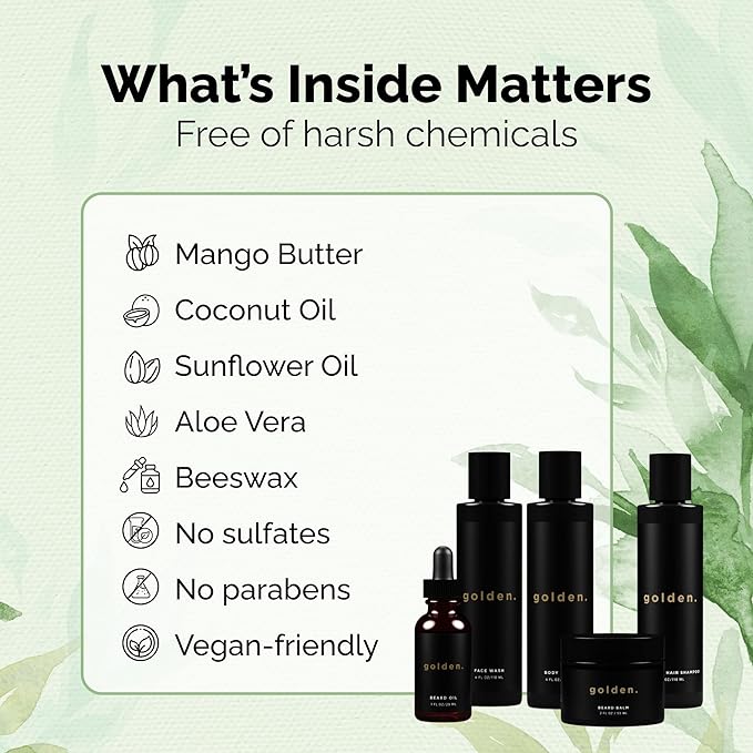 Golden Grooming Co. Everyday Grooming Bundle for Textured Hair & Melanin-Rich Skin | Essential Beard & Skincare Kit with Beard Shampoo, Face Wash, Beard Oil, Body Wash & Beard Balm-Velvo Beauty