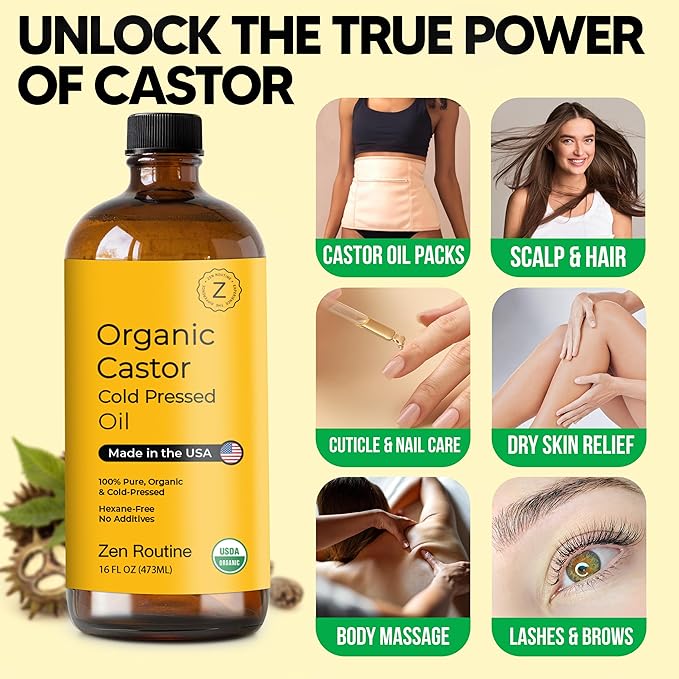 Zen Routine New (Glass Bottle) Organic Castor Oil 16oz – Hexane Free – Hair Growth Oil, Eye Lashes & Stomach, 100% Cold Pressed Unrefined Pure for Castor Pack Wrap – USDA Certified, Made in the USA-Velvo Beauty
