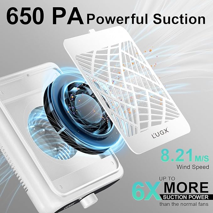 L'UGX Rechargeable Nail Dust Collector with 2 Reusable Filter, Professional Nail Vacuum Dust Collector Nail Tech Fan Extractor Powerful Suction Machine, Perfect for Home Salon Use-Velvo Beauty
