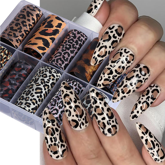 10 Rolls Leopard Print Nail Foil Transfer Stickers Autumn Winter Nails Decoration Self Adhesive Leopard Nail Foils Transfer Nail Art Animal Print Nails Supplies for Women DIY Manicure Accessories-Velvo Beauty