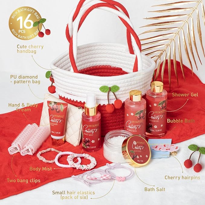 Spa Gifts for Women, Cherry & Berry Spa Gift Set for Teenage Tote Bag, Shower Gel, Hand & Body Lotion, Hitrees Birthday for Best Friend Woman, Mom, Mothers Day-Velvo Beauty