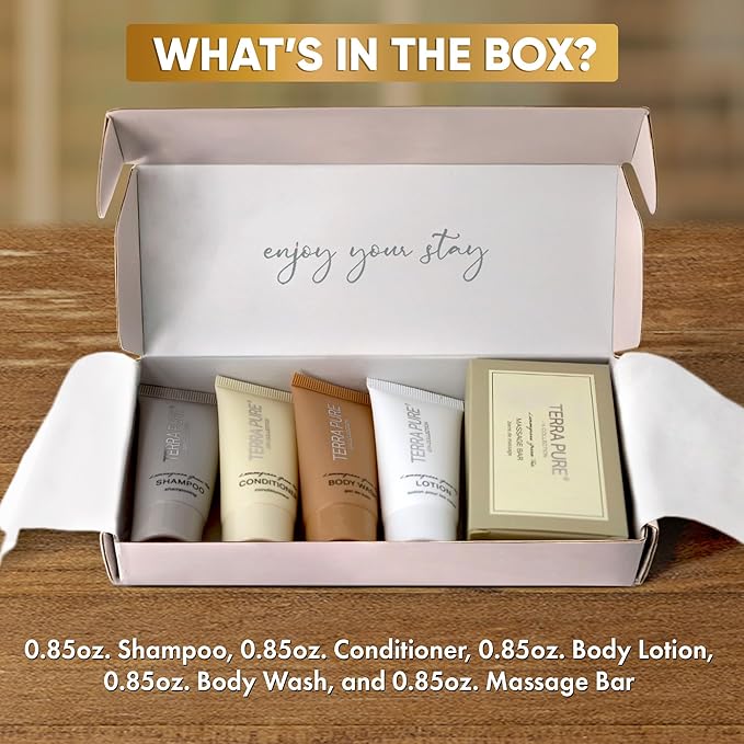 Terra Pure Spa Collection Amenity Kit | Hotel Toiletries | Bulk Set 0.85 oz Travel Size Shampoo,Conditioner, Lotion, Body Wash & Massage Bar for Guest Hospitality AirBnB/Vacation Rentals |1 set/ case-Velvo Beauty