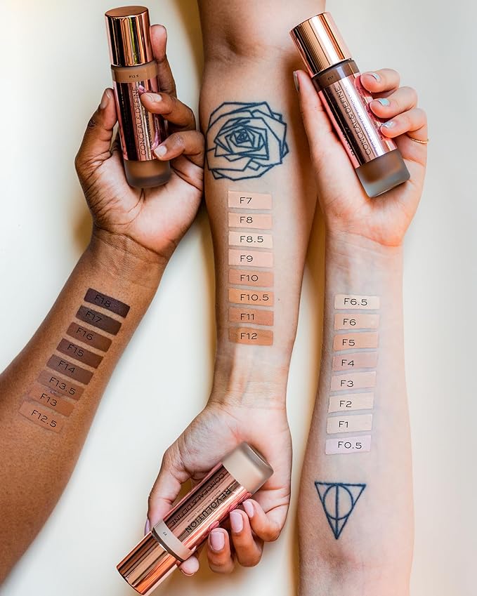 Revolution Beauty, Conceal & Define Foundation, Full Coverage, Long-Lasting Matte Finish, Vegan & Cruelty Free, F8 Light to Medium Skin Tones, 0.8 Fl.Oz.-Velvo Beauty