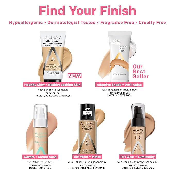 Almay Skin Perfecting Healthy Biome Foundation Makeup with Prebiotic Complex SPF 25, Hypoallergenic, -Fragrance Free, 120 Beige, 1 fl. oz.-Velvo Beauty