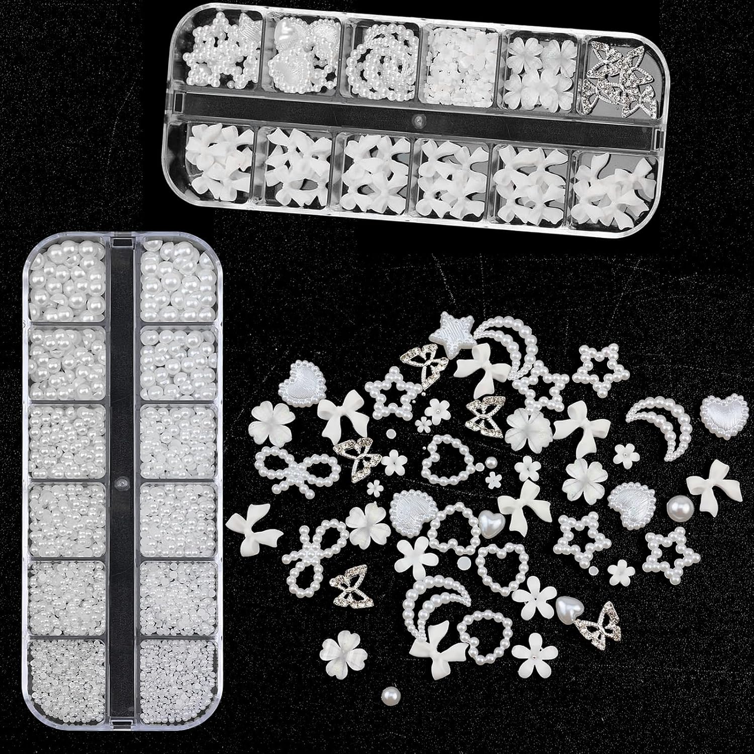 Nail Art Pearls with Glue Gel Flatback Pearls White Bow Nail Charms Heart Butterfly Nails Gems Pearls Accessories for Women Nails Design Decoration-Velvo Beauty