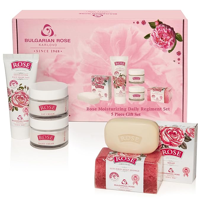 Bulgarian Rose Moisturizing Daily Regimen 5 Piece Gift Set - Rose Day Cream, Rose Night Cream, Exfoliating Face Mask, Rose Soap, Rose Soap Sponge-Velvo Beauty