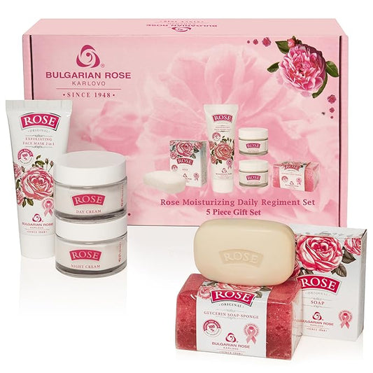 Bulgarian Rose Moisturizing Daily Regimen 5 Piece Gift Set - Rose Day Cream, Rose Night Cream, Exfoliating Face Mask, Rose Soap, Rose Soap Sponge-Velvo Beauty