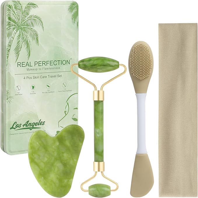 Real Perfection Gua Sha Facial Tools Face Roller for Wrinkles Jade Roller and Gua Sha Set, Scrubber Pore Brush Headband Skin Care Tools for Travel Skincare Routine Massaging Reducing Puffiness - Green-Velvo Beauty