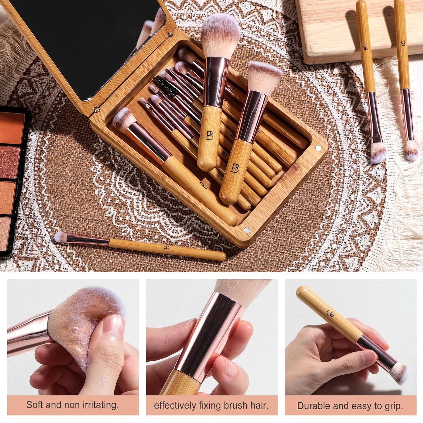 BS-MALL Travel Makeup Brush Set Kabuki Brushes Bamboo- Includes Eyeshadow Blush Brush & Foundation Brush For Liquid Makeup - 5X Magnifier Bamboo Mirror Case For Travel or On the Car Daily Use-Velvo Beauty