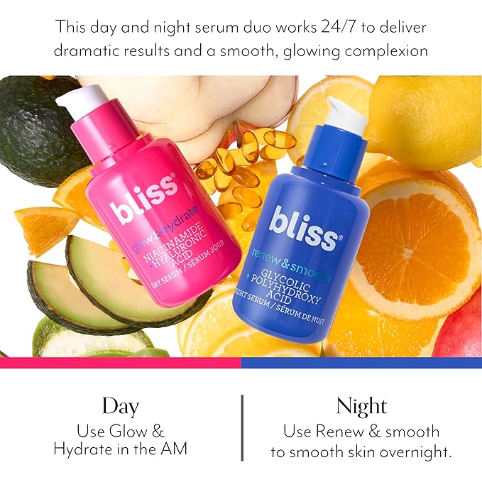 Bliss Glycolic + Polyhydroxy Acid Renew & Smooth - Night Serum - Gently Exfoliate Skin - Hydrating Squalane - Vegan & Cruelty-Free - 1 Fl Oz-Velvo Beauty