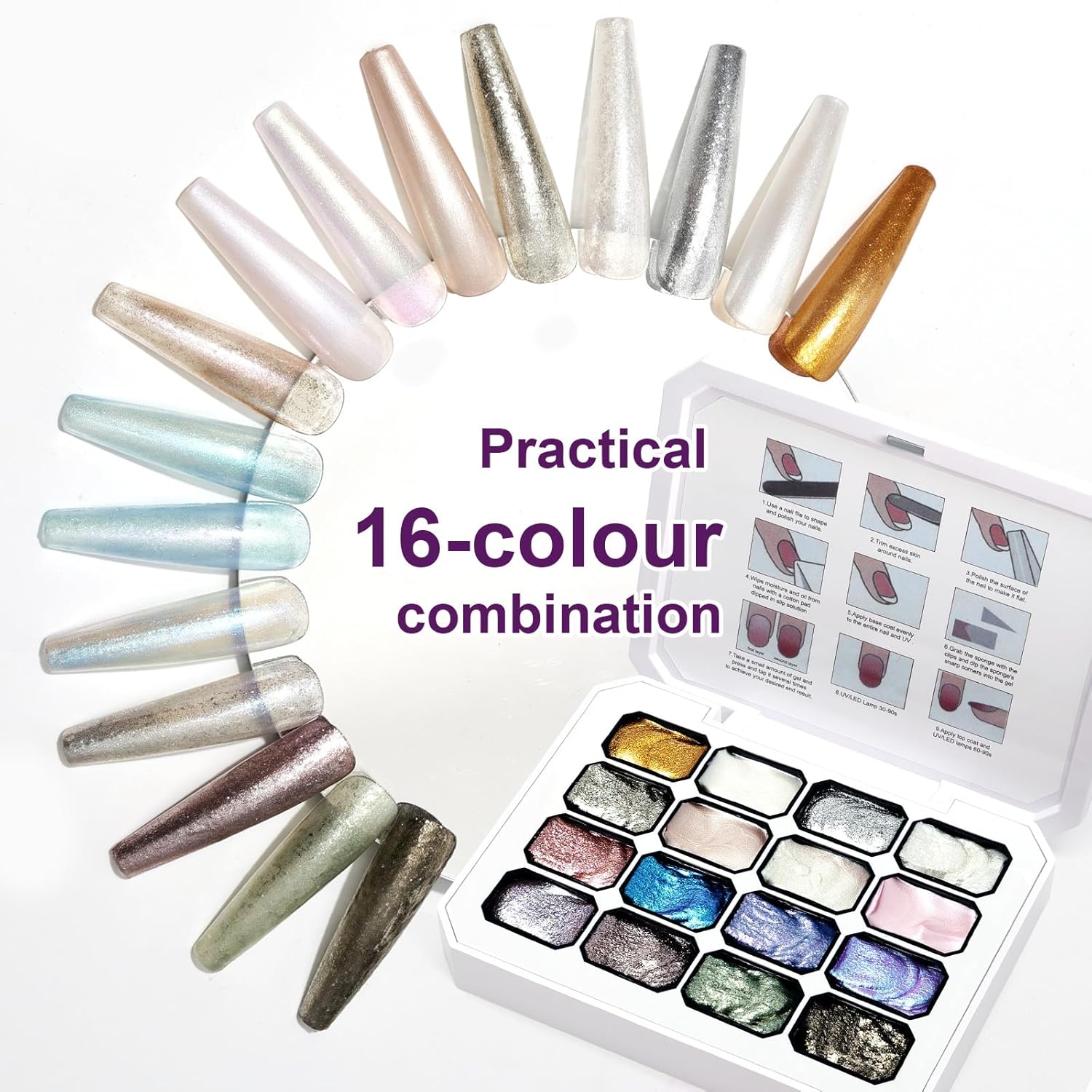 Gradient Painting Gel, 16 Gliter Colors Ombre Gel Nail Polish for Pigment Pat Silver&Gold Pink Blue Aurora color Bright Nails, French Manicure DIY Nail Art No-wipe Palette for Women-Velvo Beauty