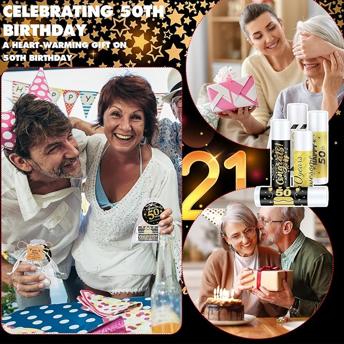 50 Sets Birthday Favors Lip Balm Gifts Bulk Moisturizing Lip Balm with 50 Organza Drawstring Gift Bag 50 Tags Birthday Party Supplies Gifts Bulk for Men and Woman (50th Birthday)-Velvo Beauty