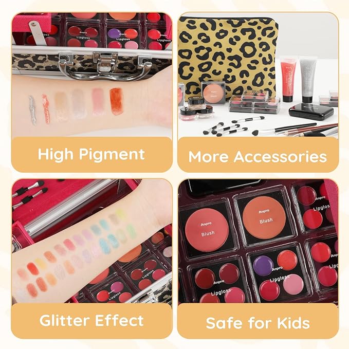 Anpro All-In-One Leopord Double Folding Makeup Carry Case with Pro Teen Makeup Set, Full Starter Kit with Makeup Brushes, Lipsticks, Eyeshadow Palette, Blushes, Glitter Gel, Ideal Present for Girls-Velvo Beauty
